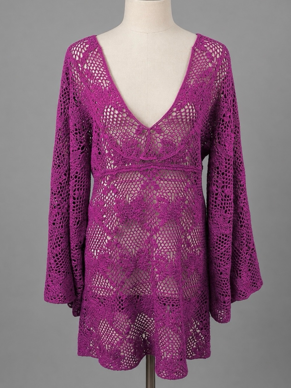 Designer Lisa Maree Laguna magenta, see-through crochet cover dress OS